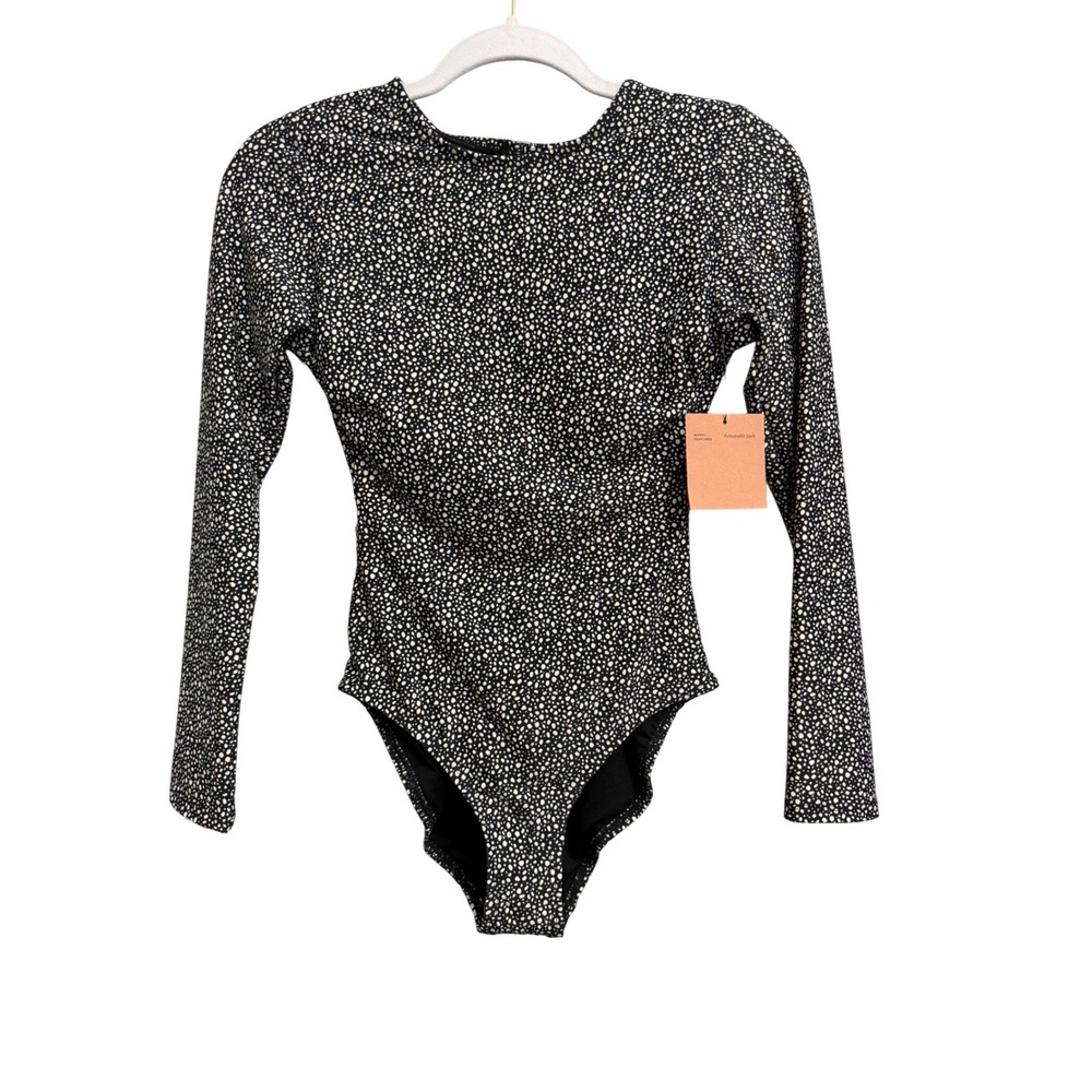 Shade & Shore Womens XS Black White Dot Long Sleeve One Piece Swimsuit Open Back